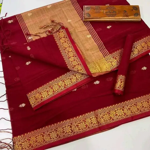 Maroon Pure Silk Saree with Golden Zari Border & Pallu | Wedding & Festive Saree Collection - Image 2