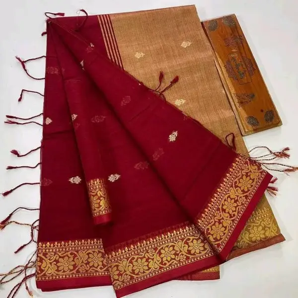 Maroon Pure Silk Saree with Golden Zari Border & Pallu | Wedding & Festive Saree Collection - Image 3
