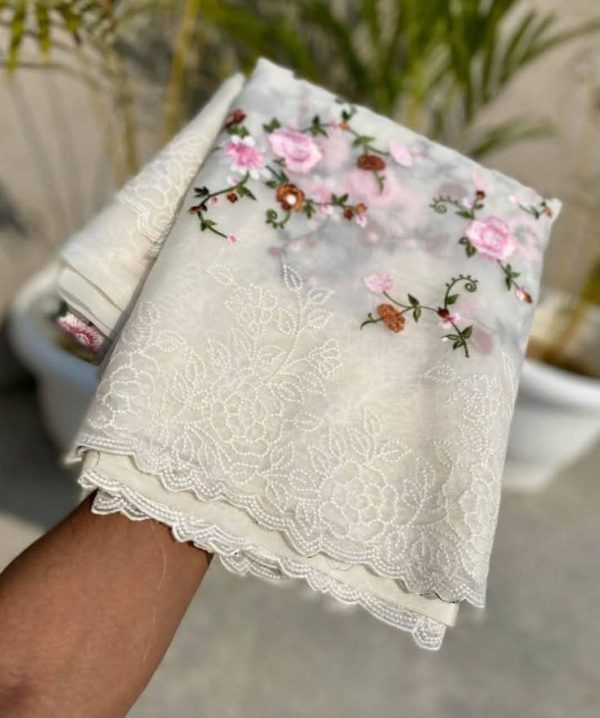 White Embroidery Saree with Floral Design - Image 2
