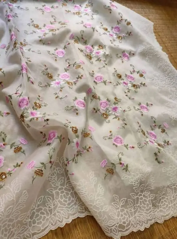 White Embroidery Saree with Floral Design - Image 3