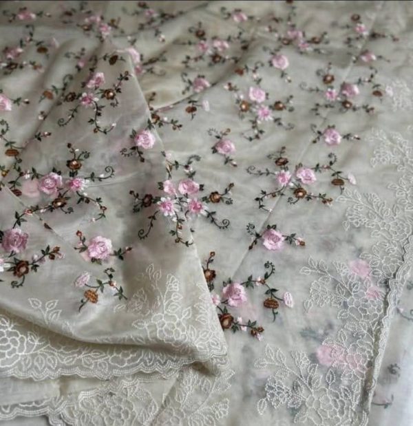 White Embroidery Saree with Floral Design - Image 4